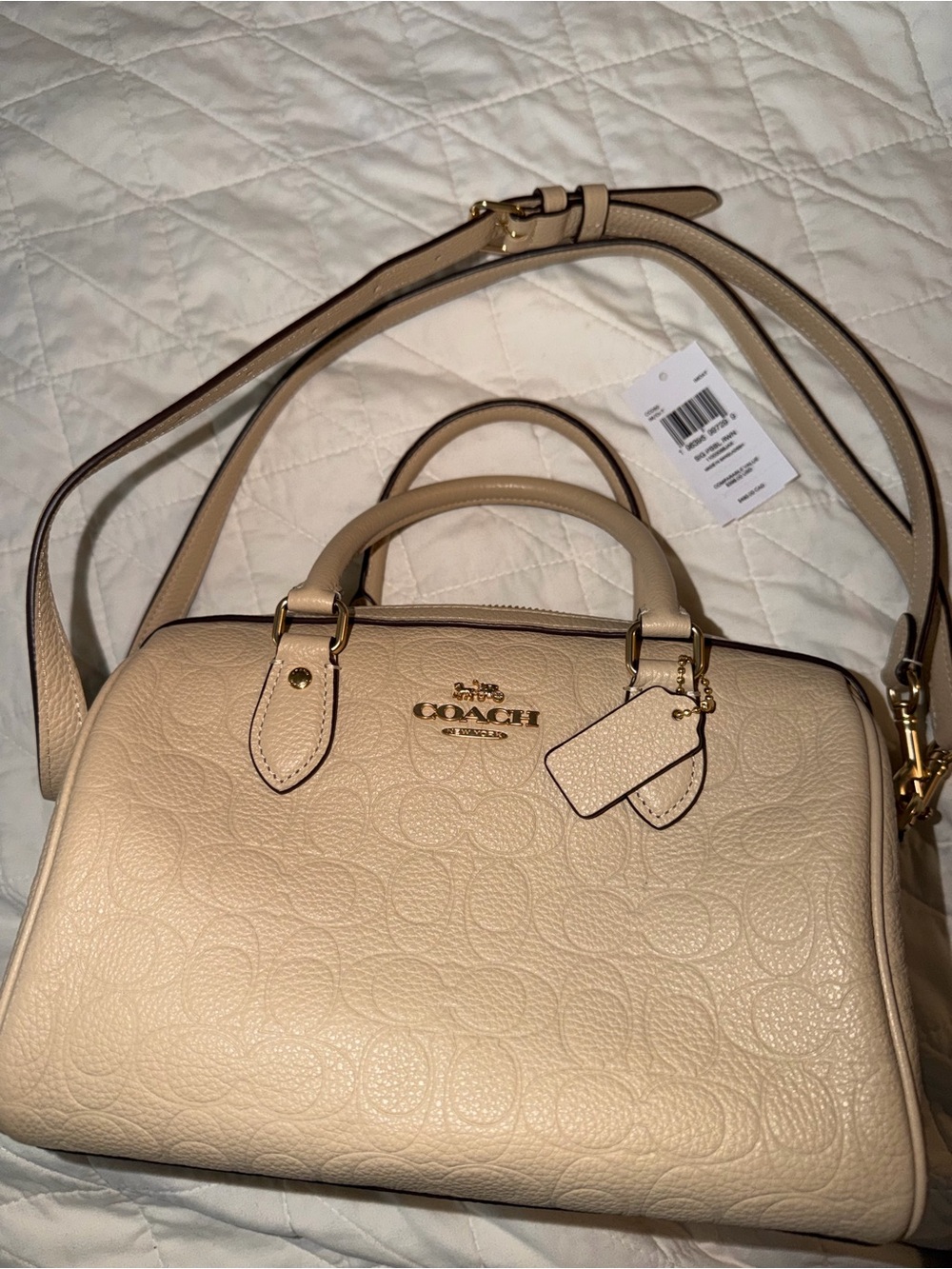 Coach Pebbled Leather Rowan Satchel Oat/Gold - Picture 2 of 8